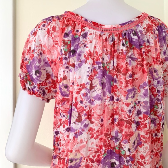 pink purple floral print cap short sleeve blouse with tassels - Picture 12 of 16